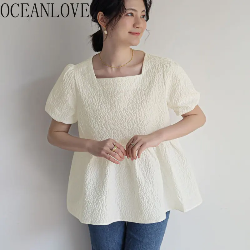 OCEANLOVE Puff Sleeve Blouses Women Tops Solid Loose Japan Style Vintage Blusas Mujer Summer Elegant Sweet Blusas Feminina