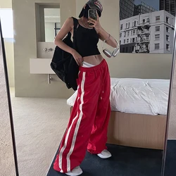 American Contrasting Vintage Drawstring Sweatpants Fashion Straps Straight Wide Leg Pants Baggy Mopping Trouser Ladies Summer