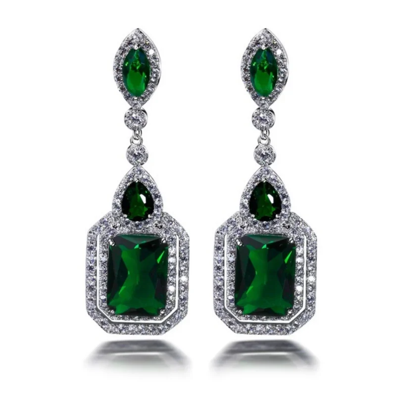 Exquisite Earring Silver Plated Green Cubic Zircon Wedding Birthday Blue Red Stone Circle Pendant Earring for Women Jewelry Gift