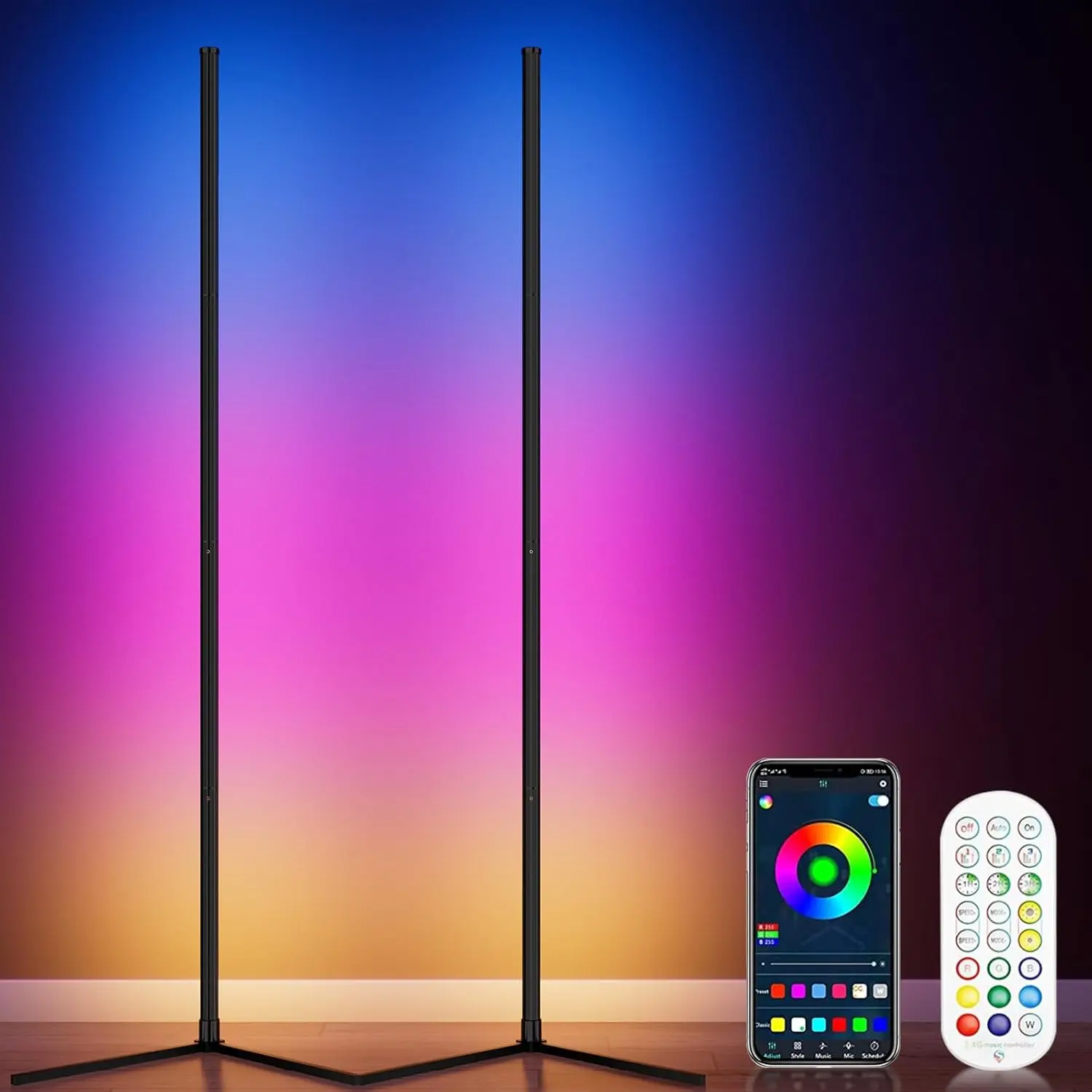 

2PCS RGB Corner Floor Lamp 64.5" Color Changing with Remote & APP, Music Sync, 398 Modes, Timer
