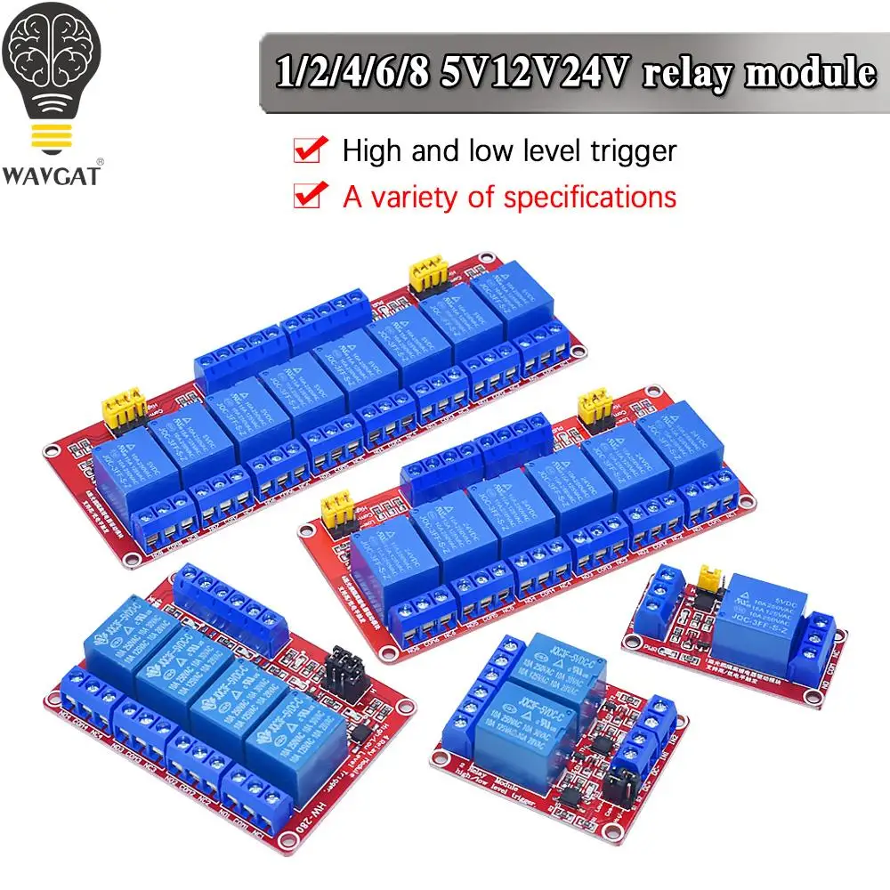 WAVGAT 1 2 6 4 8-kanałowy moduł przekaźnika 5V 12V 24V z osłoną i transoptorem obsługującym wyzwalanie wysokiego i niskiego poziomu dla Arduino