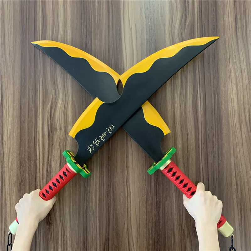 Anime Cosplay 1:1 Demon Slayer Sword Uzui Tengen Sword Comics Ver. Weapon Ninja Twin Knife Sword Tanjirou Weapon Prop Safety PU