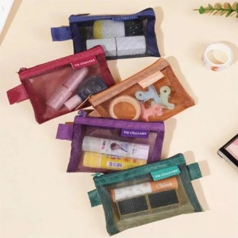 5-Pack Retro Colorful Nylon Square Mesh Storage Bags Zipper Change Purse Transparent Back-to-School Supplies Organization