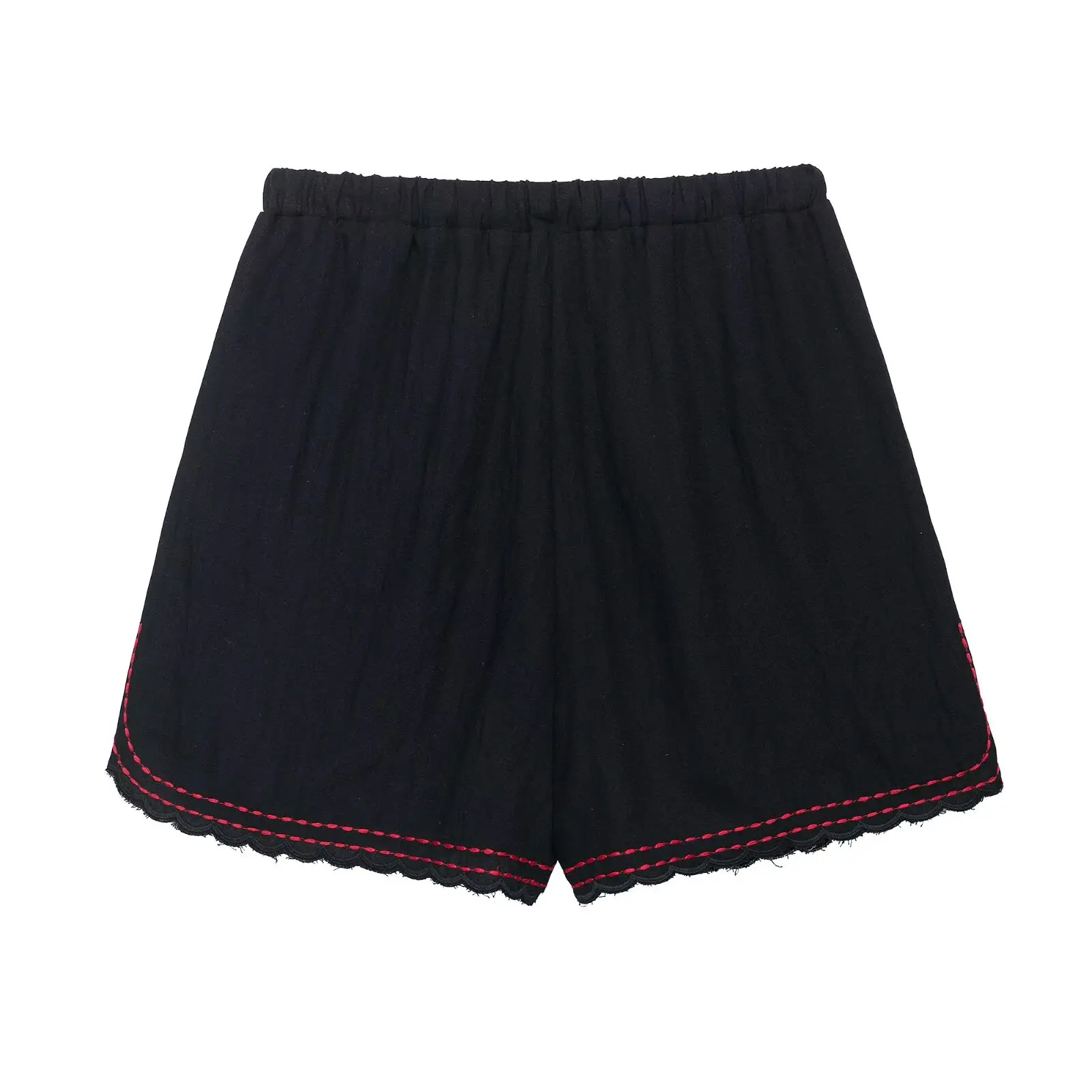 ZEVITY Women Fashion Red Leaves Embroidery Lace Edge Shorts Lady Elastic Waist Pockets Hot Shorts Chic Pantalone Cortos QUN9291