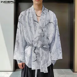 INCERUN Men Shirt Printing V Neck Long Sleeve Loose Open Stitch Male Kimono With Belt Streetwear 2024 Fashion Casual Cardigan