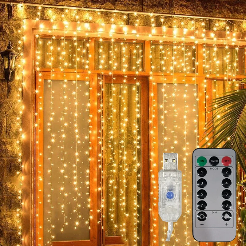 LED Curtain String Lights USB Plug 8 Modes Christmas Lights Halloween Party Valentine's Day Room Garden Wedding Holiday Decor