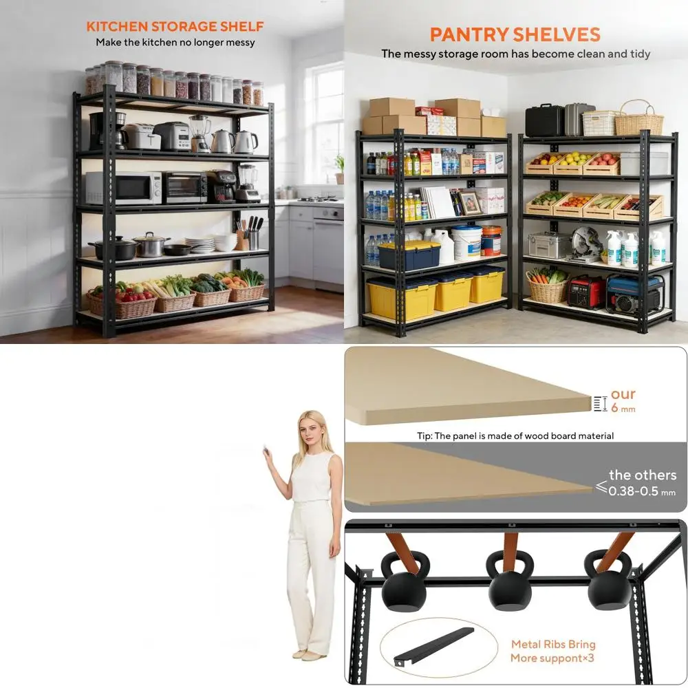 

Регулируемая 5-ярусная металлическая стеллажная система для гаража, подвала, склада, кладовой и кухонного хранения