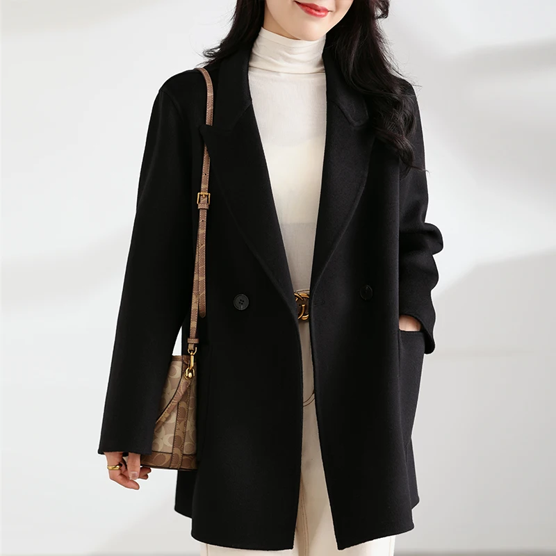 Autumn And Winter New Temperament Double-Sided Cashmere Coat Women\'s Short Pocket 100% Pure Wool Coat