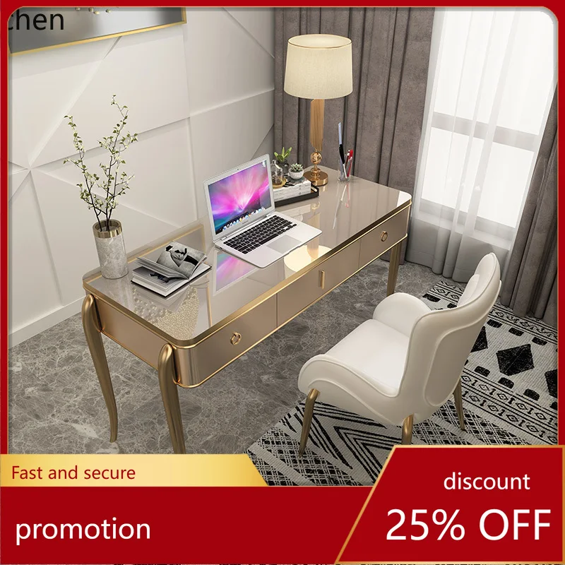 ZMLlight luxury solid wood desk simple champagne paint home computer desk study desk chair combination