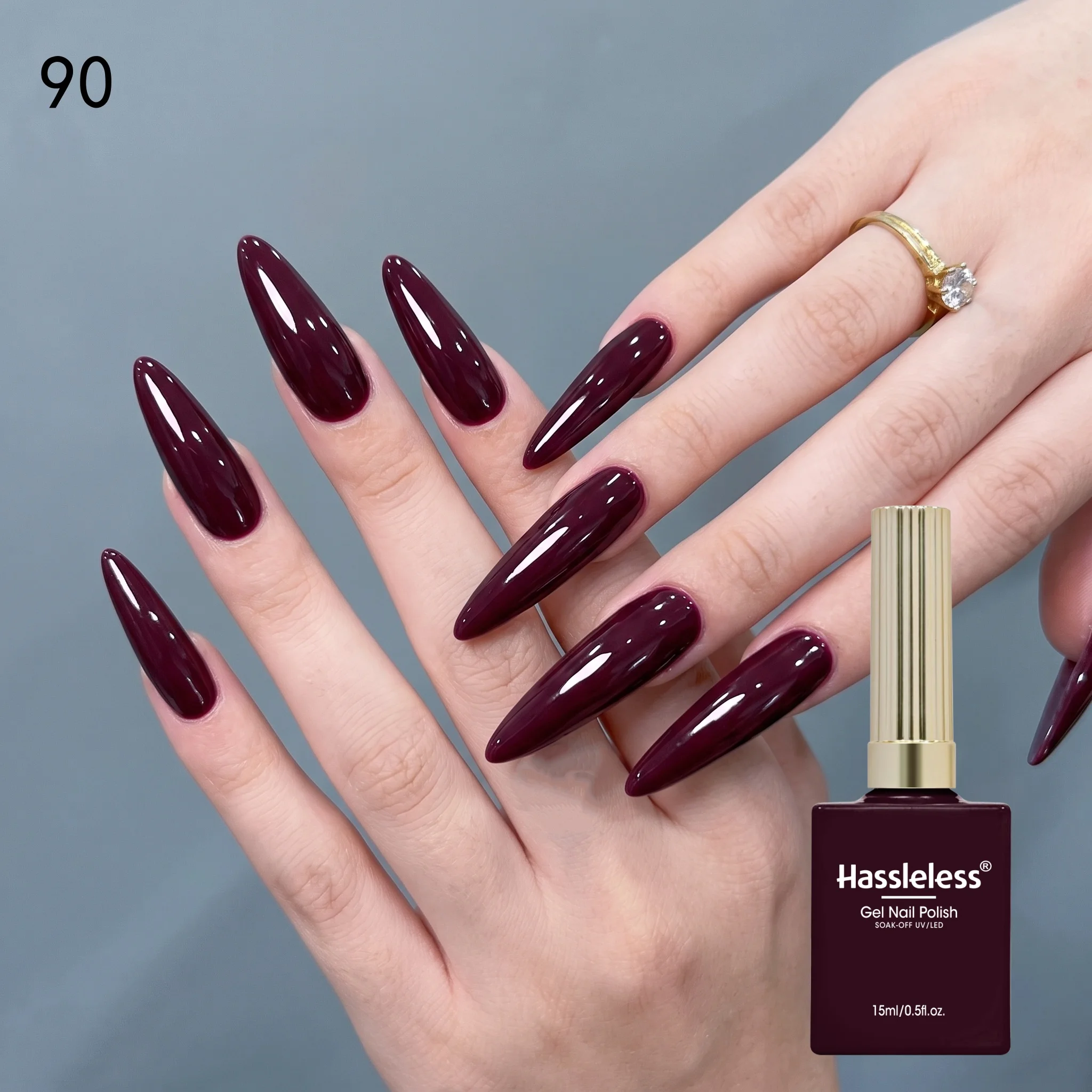 Hassleless deep burgundy nail polish in a single bottle, with a smooth and long-lasting texture, rich and bright color, easy to apply, suitable for manicures, pedicures, and gel nail art, ideal for daily commuting, hol