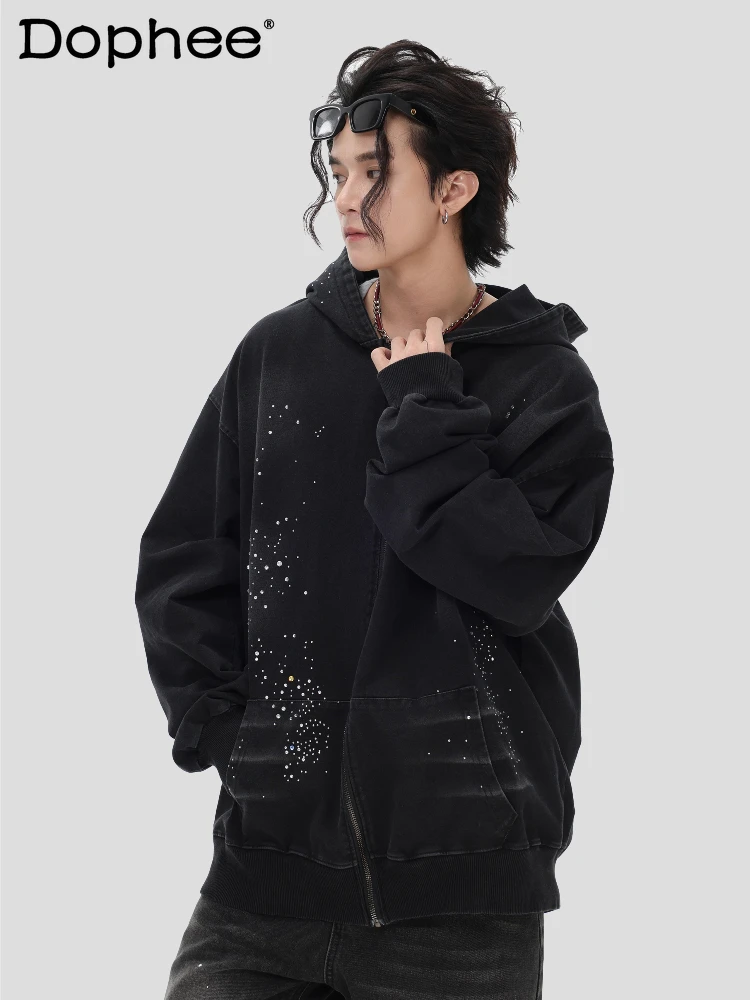 

Couple 2025 Autumn New American Style Rhinestone Denim Coats Men Women Loose Zipper Jackets Male Handsome Stylish Denim Coats