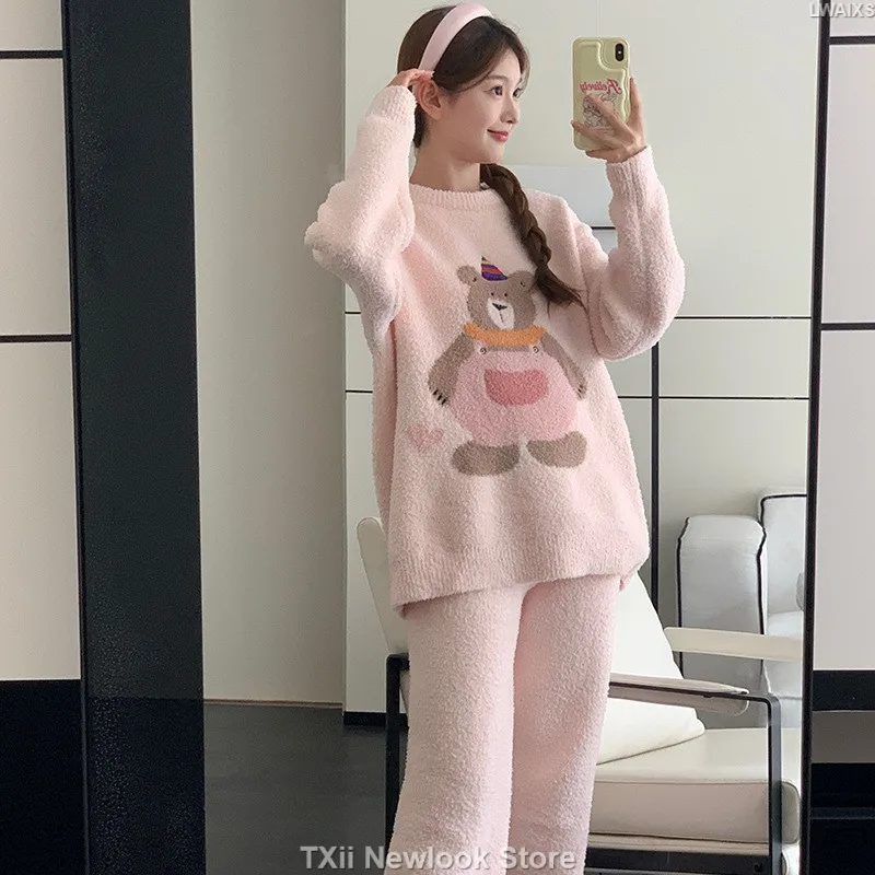 

TXii Newlook Soft Pajamas Women's Autumn Winter Thickened Warm Knitted Ins Cartoon Bear Age-Reducing Outwear Home Clothes suit