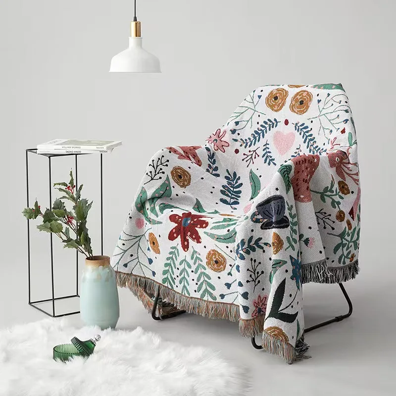 

Nordic Forest Deer Blanket with Tassel Floral Woven Sofa Cover Multi-functional Couch Protector Decor Bedspread for Living Room