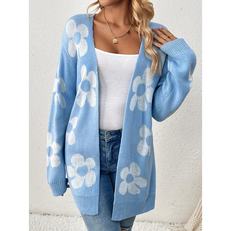 

2025 Autumn Winter Women‘s Mid-Length Knit Cardigan, Loose Color Block Floral Long Sleeve Open Front Coat