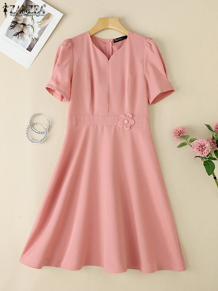 2025 우아한 V넥 반팔 오피스 드레스 ZANZEA 여성 여름 워크 OL 드레스 스타일리쉬 A라인 파티 미디 베스티도 여성 의류