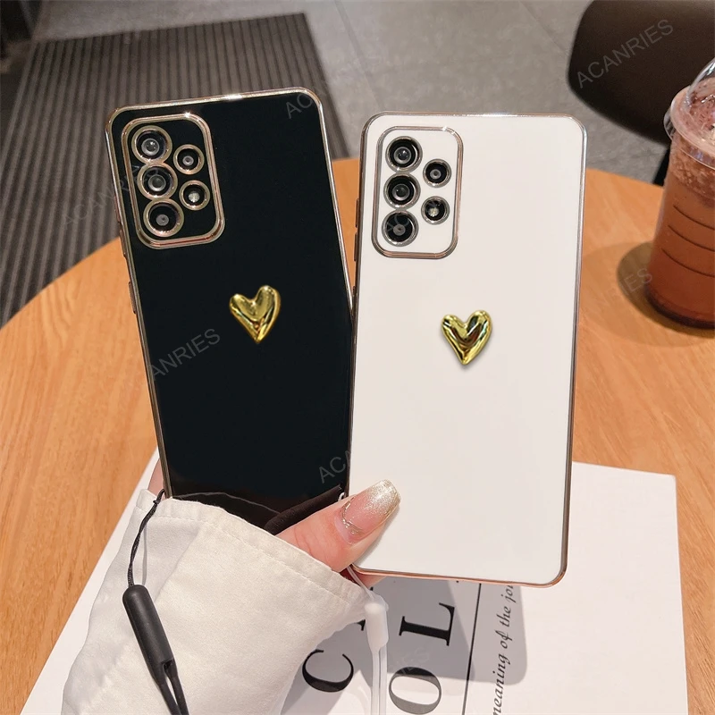 For Samsung Galaxy A32 4G 5G A52 A72 A73 A53 A33 A23 A13 A52s 3D Gold Heart Plating Silicone Soft Case A 32 52 72 73 53 13 Cover