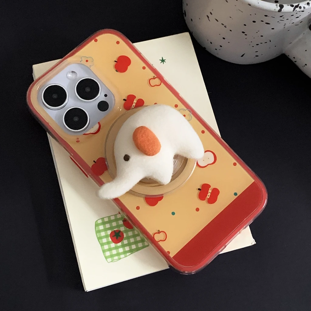 

Cute Wave Point Red Apple Plush Elephant With Holder Magnetic Wireless Charging Phone Cover Case for iPhone 16 15 14 13 Pro Max