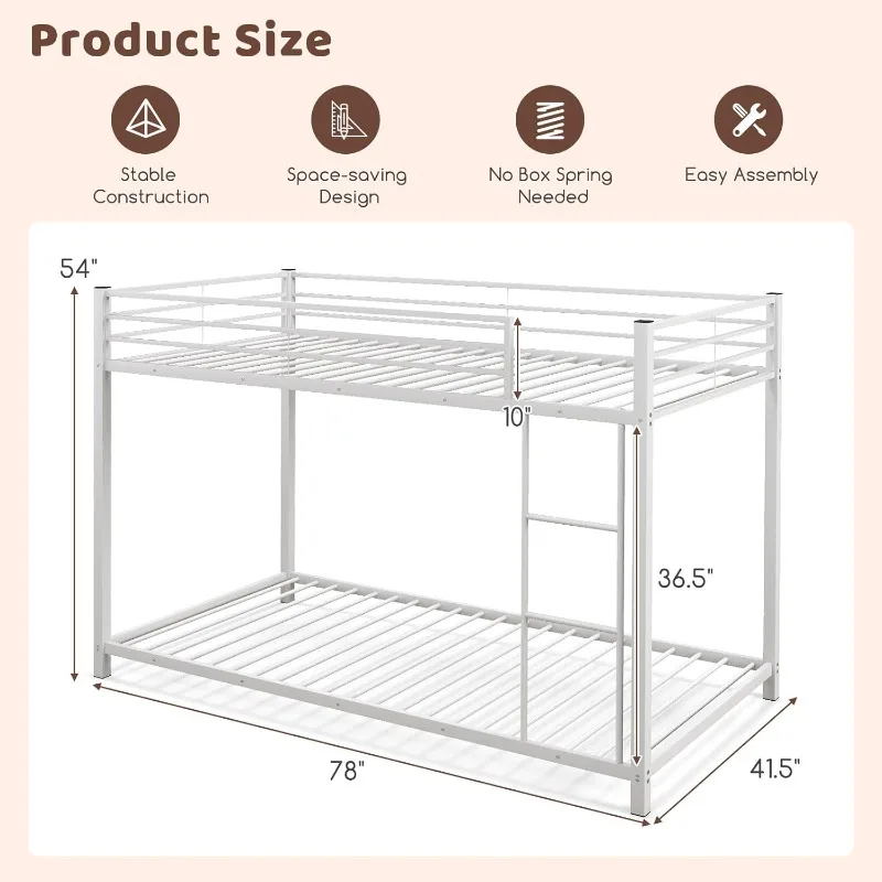 Bunk Beds, Heavy Duty Bed Frame with Safety Guard Rail & Ladder, Low Floor Bunk Bed for Boys Girls Adults Dormitory Bedroom