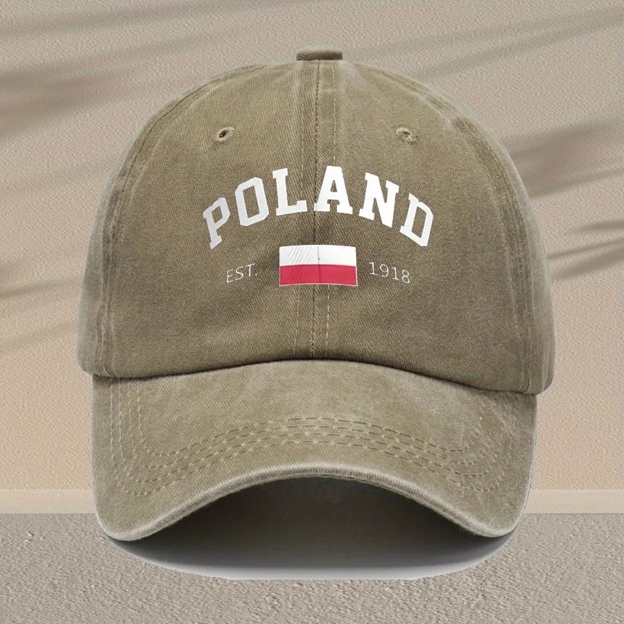

Unisex Vintage Washed Baseball Cap - Adjustable Breathable Trucker Hat with Distressed "Poland" Lettering, Lightweight Casual Da
