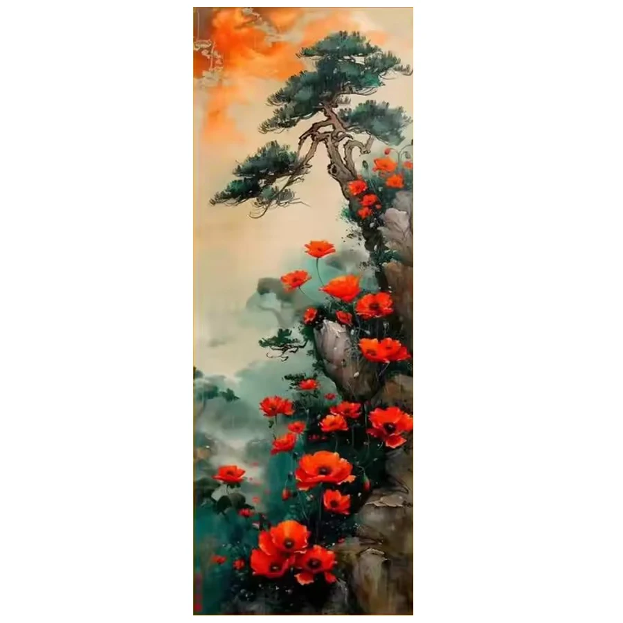 Big Size 5D Mosaic Vintage Floral Extra Large DIY Diamond Art Painting Poppy and Pine Tree Scenery Full Embroidery Picture decor