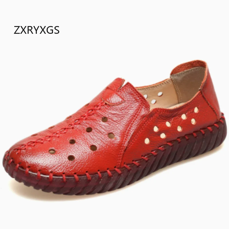 ZXRYXGS Promotion Top Cowhide Hollowed Out Women's Flats Casual Sneakers 2026 Large Size Comfortable Breathable Shoes Flat Soft