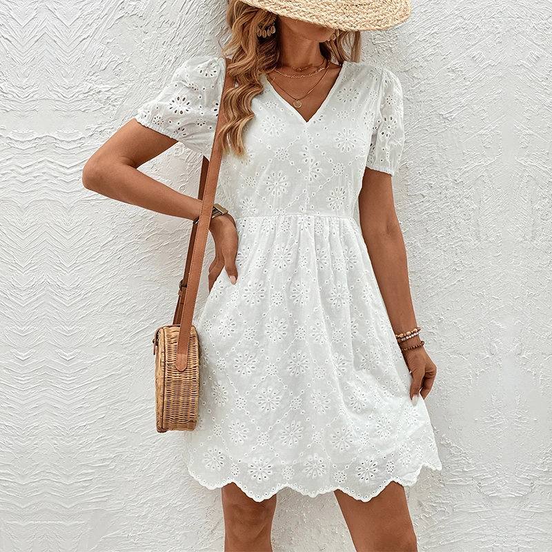 2024 New Summer V-neck Dress White Short Sleeved Women\'s Fashion Hooked Flower Hollow Lace Dresses Open Back Lace Up Dress