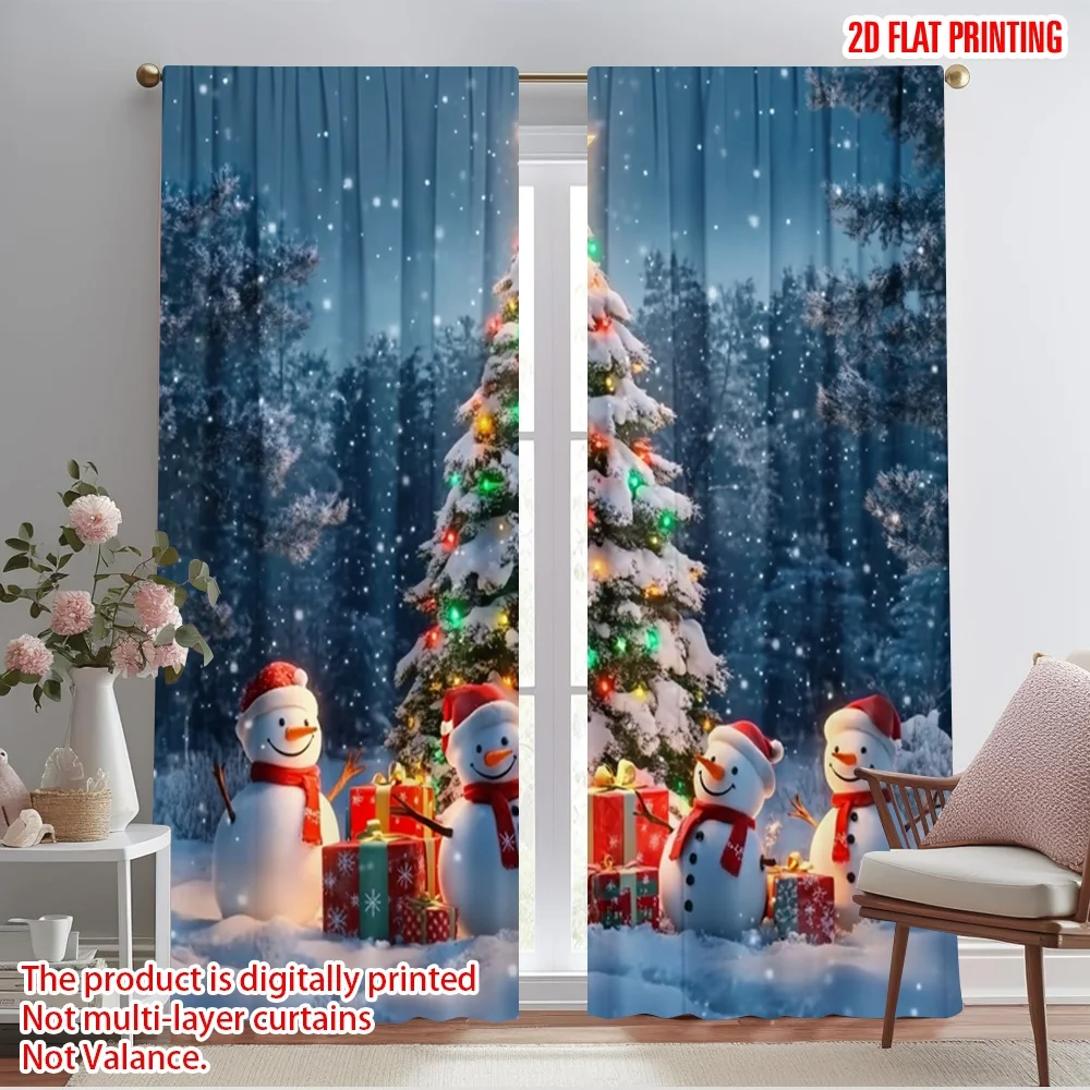 2pcs,2D plane printing Curtains Snowman Christmas Tree Gifts (2) Durable 100% Polyester Fabric (without rod) Home Decor Perfect