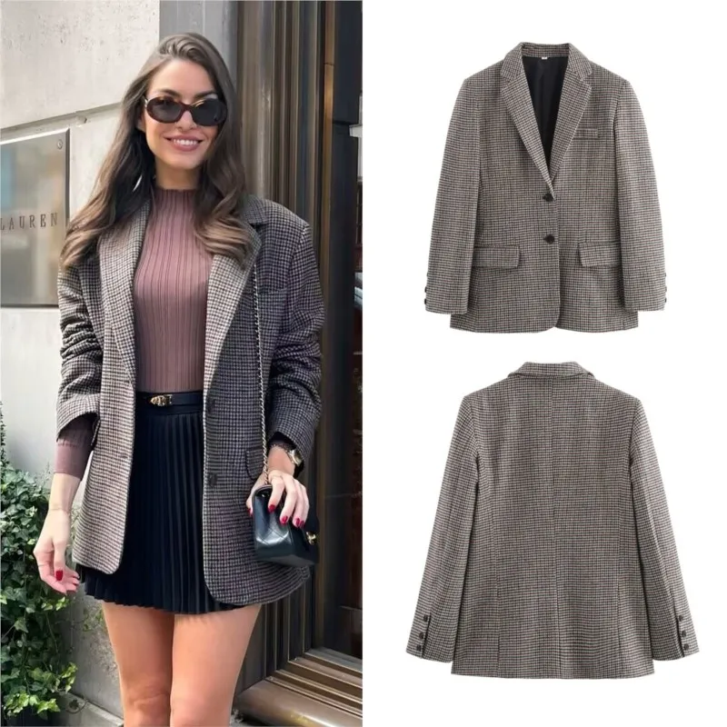 

Autumn New Women's Houndstooth Blazer Textured Double-Breasted Mid-Length Coats Versatile Stylish Suit Outerwear Suit Jacket