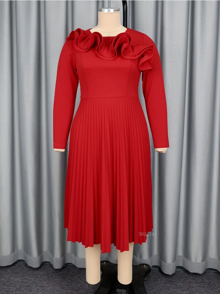 

Women's Elegant Red A-Line Dress O-Neck Long Sleeve 3D Ruffles Pleated Classy Stylish Party Evening Wedding Celebration Gown