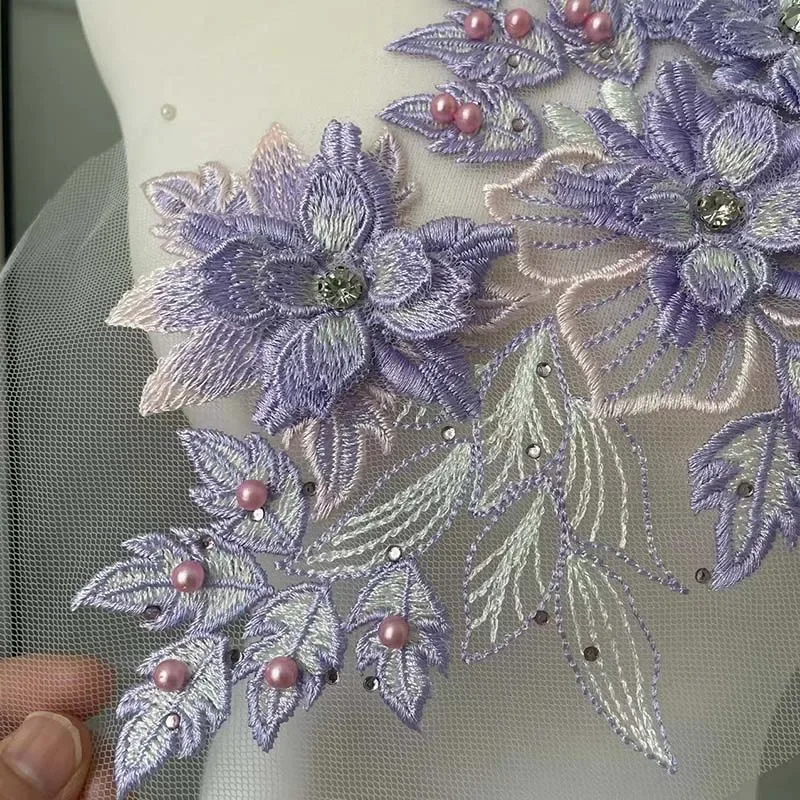 30*21CM/3d Flower Beaded Crystal Rhinestones Embroidery Sew On Patches,Fabric Lace Bodice Applique Sewing Supplies DIY For Dress