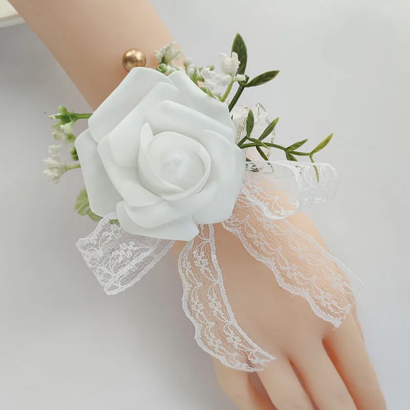 Pria busa putih kancing mawar pernikahan aksesoris bunga buatan pergelangan tangan Corsage gelang pengiring pengantin pernikahan pengantin wanita