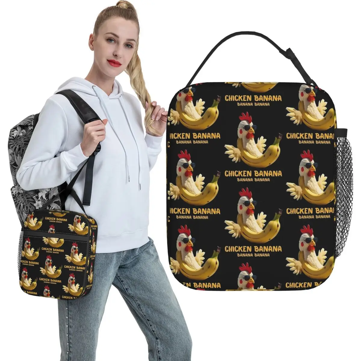 Funny Chicken Banana Gift For Brainrot Meme Lovers Lunch Bag Casual Lunch Box School Tote Food Bags For Child Custom Cooler Bag