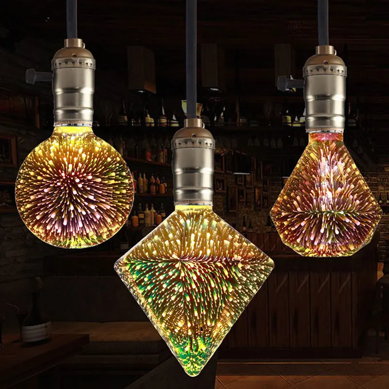 3D Lamp Colorful Fireworks Decorative Creative Filament and Bulb E27 Screw Led Three-Dimensional Colorful Art Bulb Edison Retro