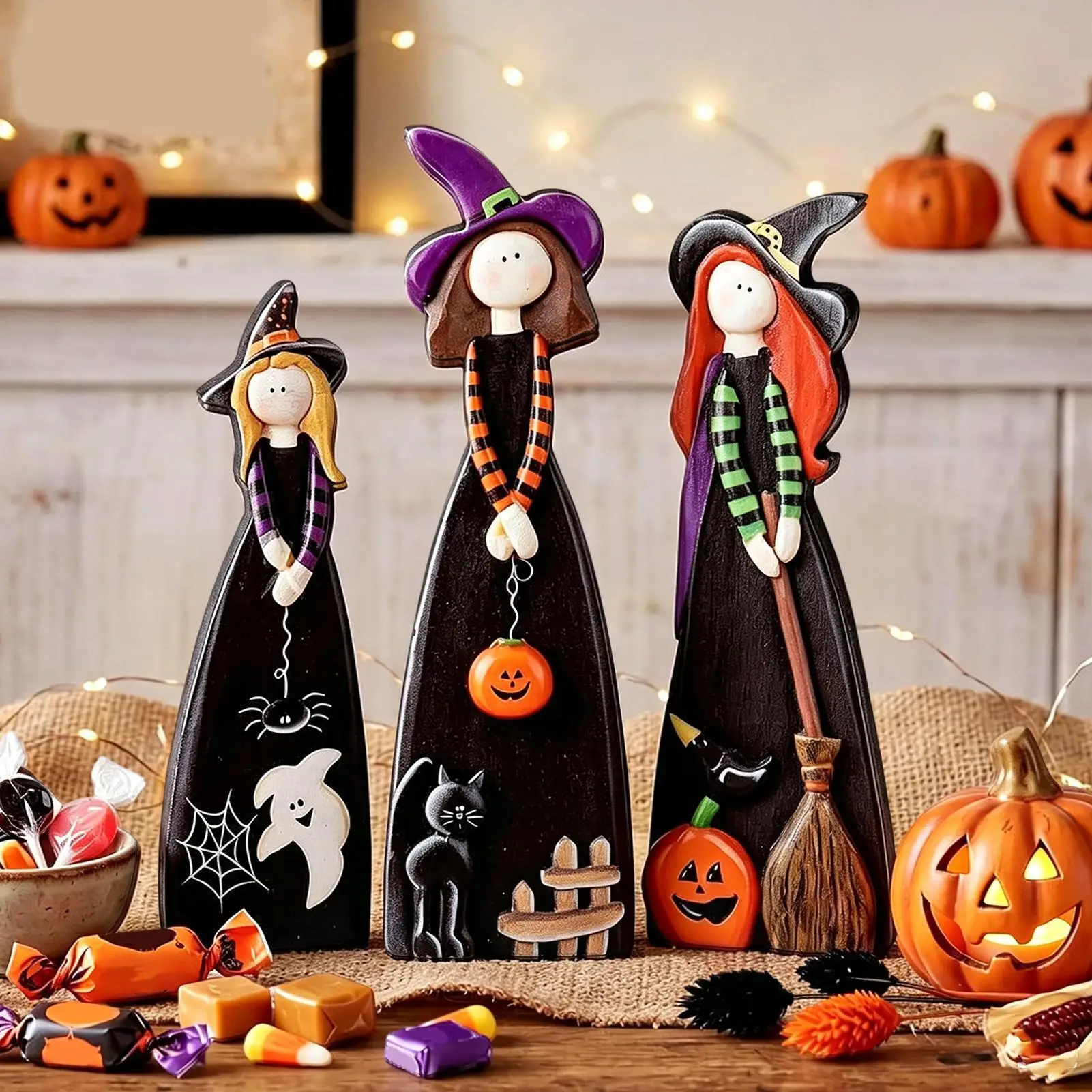 3Pcs Fall Witch Figurine, Farmhouse Wooden Table Centerpiece, Autumn Decor for Desk Shelf Windowsill & Fireplace