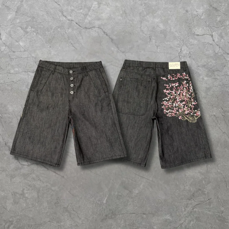 2026ss High Street Denim Shorts Floral Embroidered Black Casual Short Jeans Men Women Shorts