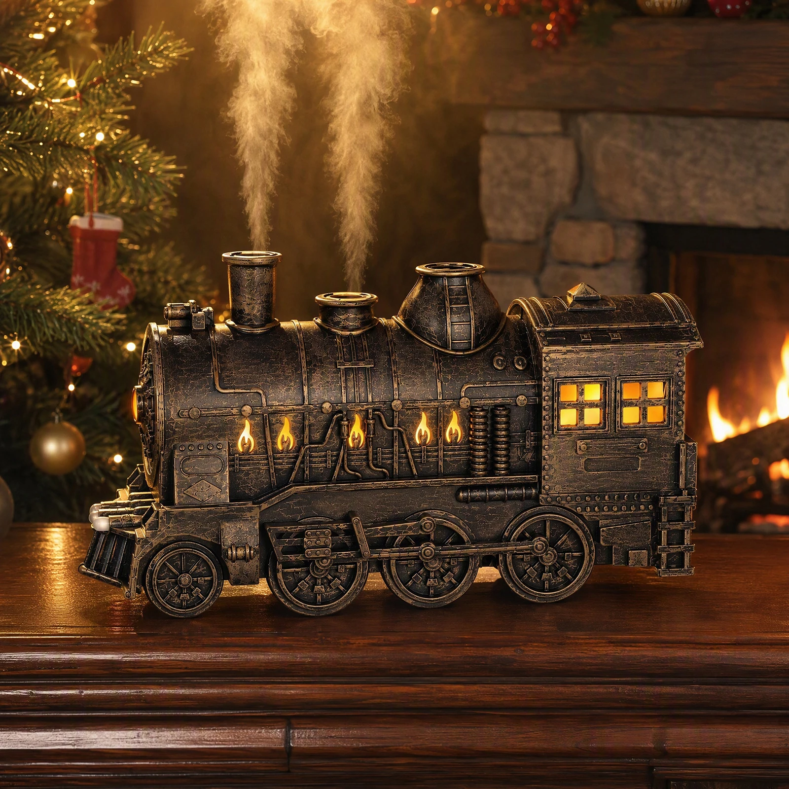 Vintage Locomotive Aroma Humidifier Ultrasonic Diffuser 300ml Dual Spray Modes LED Light USB Timer