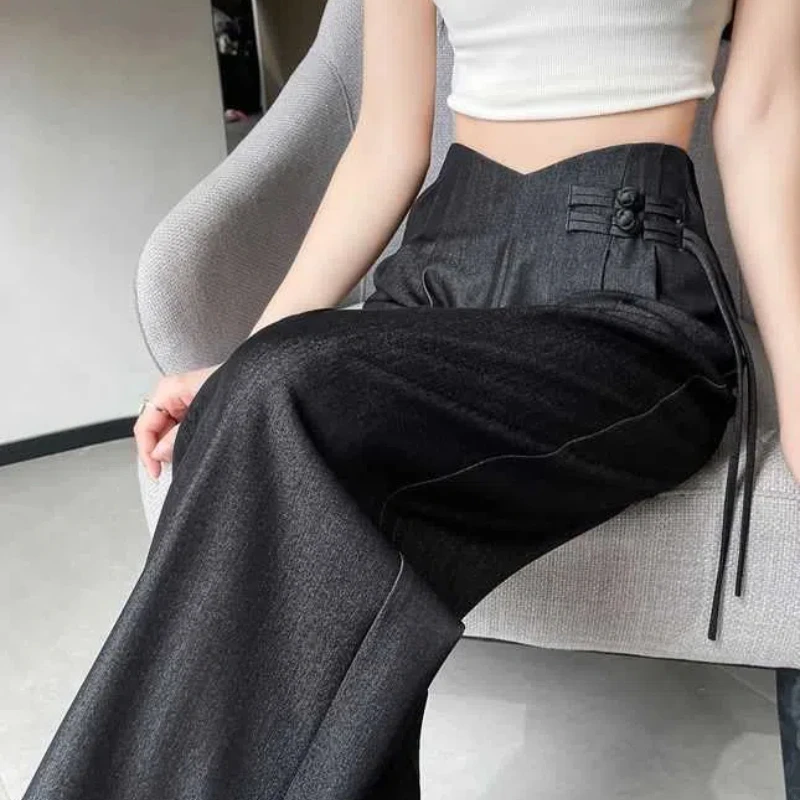 Summer New High Waist Ice Silk Loose Wide Leg Pants Solid Color Simplicity Vintage Straight Pants Fashion Casual Women Clothing