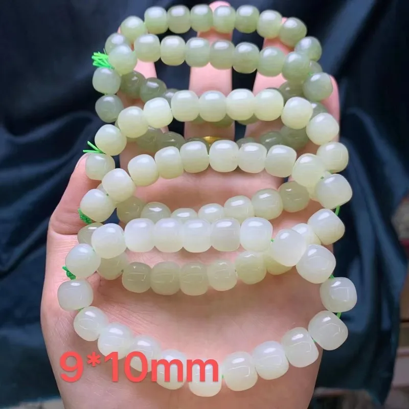 Natural Hetian Jade Qinghai Material 9X10Mm Old Style Necklace Round Bead Buddhist Bracelet