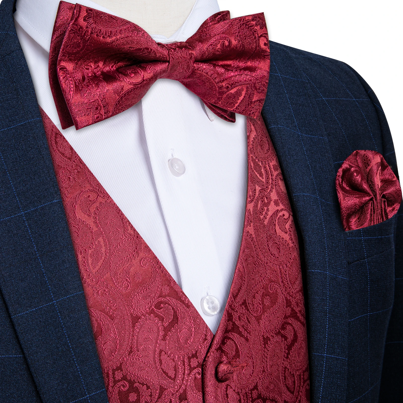 Wedding Classic Red Paisley Dress Vest for Man Fashion V-neck Luxury Men's Business Waistcoat Bowtie Pocket Square Cufflinks Set