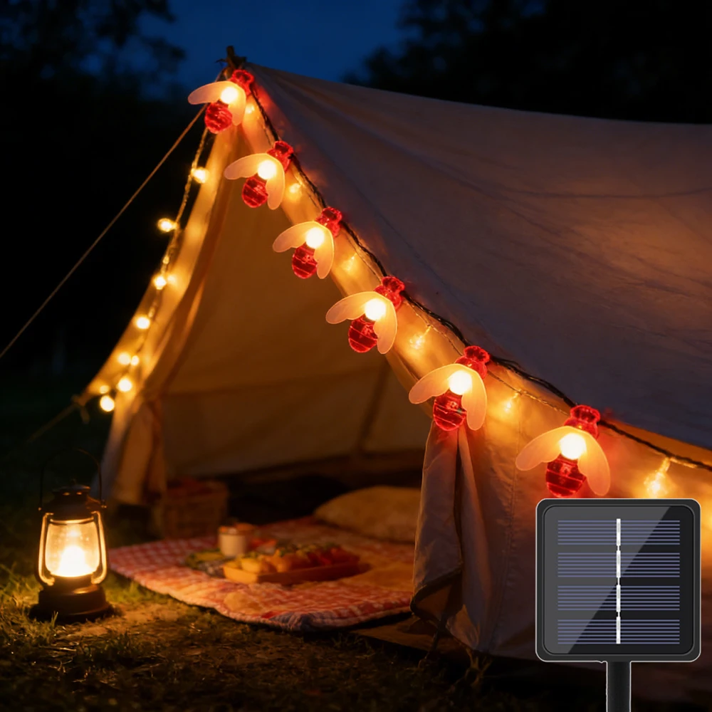 LED Solar Bee String Lamp Outdoor Fairy Light Tree Wedding  Garland 8 Modes Waterproof Patio Garden Party Decor