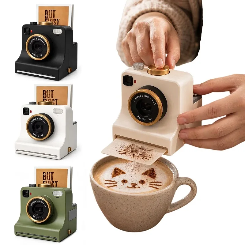 @3D Printed Funny Coffee Latte Camera Replaceable Cards One Touch Press DIY Latte Art Camera Tool Vintage Look Included Stencils