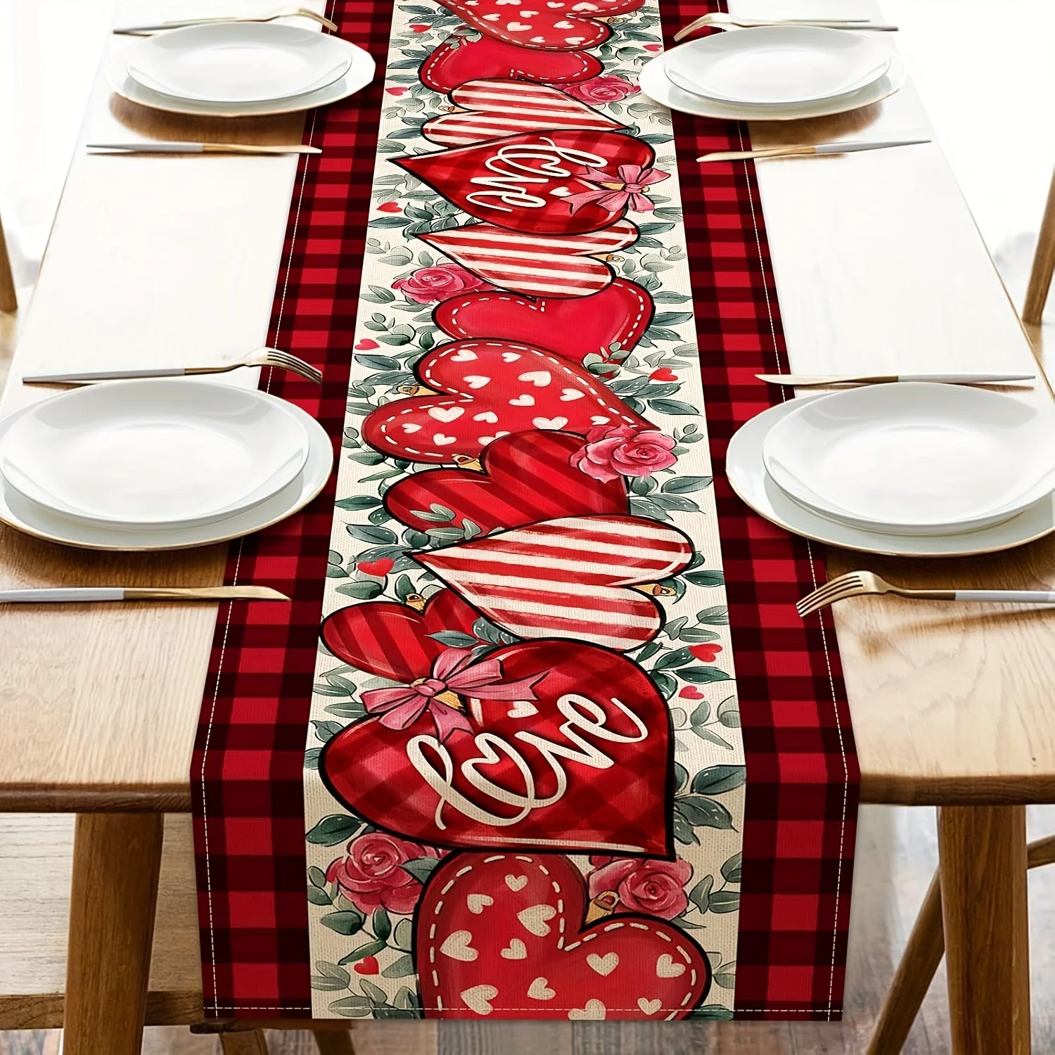 1 Piece Valentine's Day Tablecloth, Red Heart and Rose Design, Plaid Stripes, Farmhouse Kitchen Dining Room Decoration