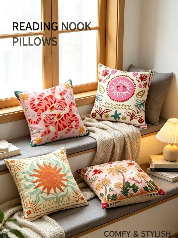 Boho Tropical Sun Tiger Throw Pillow Covers, Retro Bohemian Palm Leaf Floral Face Sun Decorative Square Cushion Cases, Vintage F