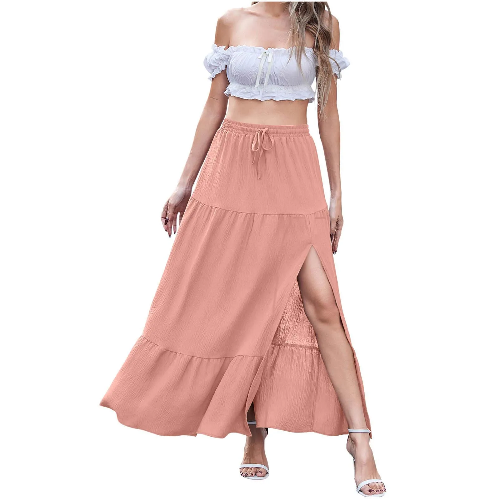 Women's Layered Patchwork Slit Skirt, Trendy Solid Color Elastic Waist Tie, Flowing Long Flared Skirt