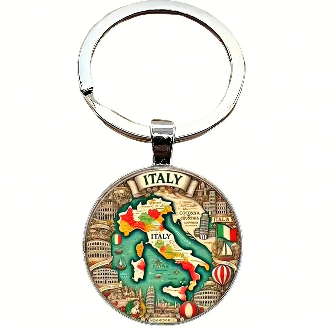 1 llavero circular vintage con mapa de Italia, de aleación con colores de la bandera, llavero retro de Italia para llave de coche, regalo de cumpleaños o graduación
