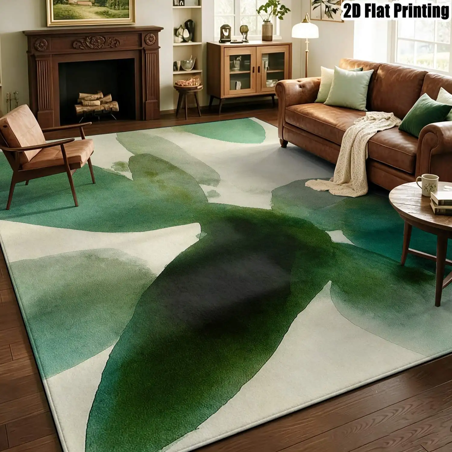 1Pc 2D Printed Carpet: Fresh Green & Blue Abstract Art, Nordic/Instagram-Style, Modern Minimalist, Machine Washable, Multi-Size, Suitable for Home Decor Such as Entryway, Dining Room, Foyer, Bedroom, Living Room