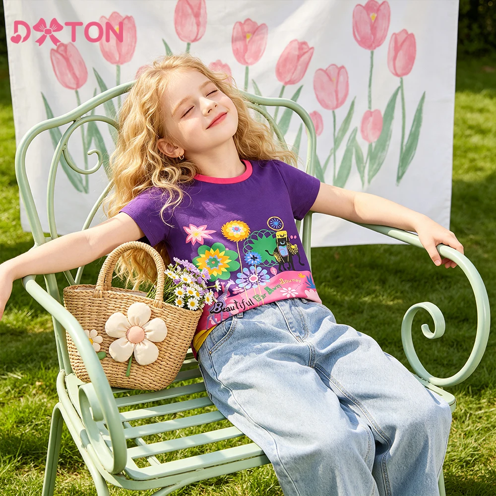 DXTON Kinder Baumwoll-Tops, Sommer-T-Shirts mit Blumenmuster für Mädchen, kurzärmelige T-Shirts mit Buchstaben-Aufdruck, Alltags-Oberbekleidung für Kleinkinder