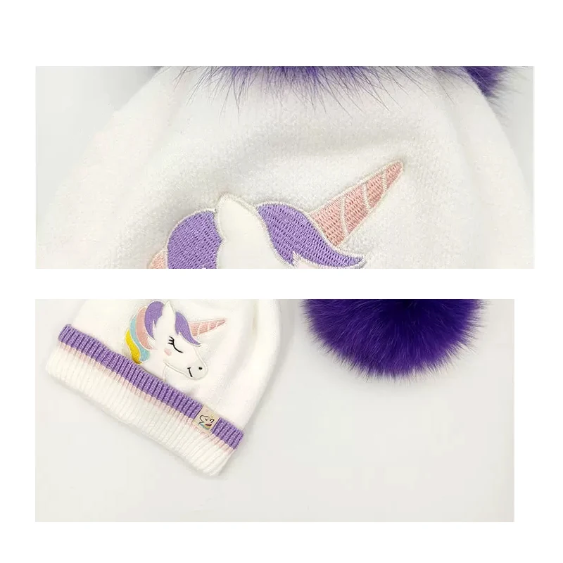 قبعات الشتاء للأطفال ومجموعة سنود للفتيات الكرتون يونيكورن الدافئة لطيف محبوك بيني مع بطانة Pompom وشاح للأطفال 2-6Y