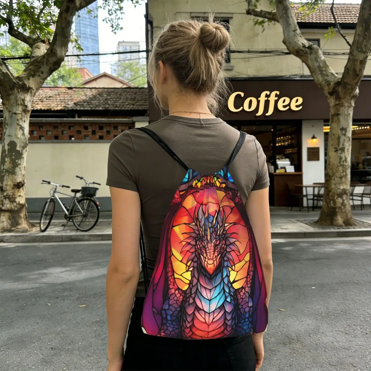 

Glass Purple Dragon Pattern Backpacks Portable Drawstring Bags Sports Bag Book Bags for Travel Students