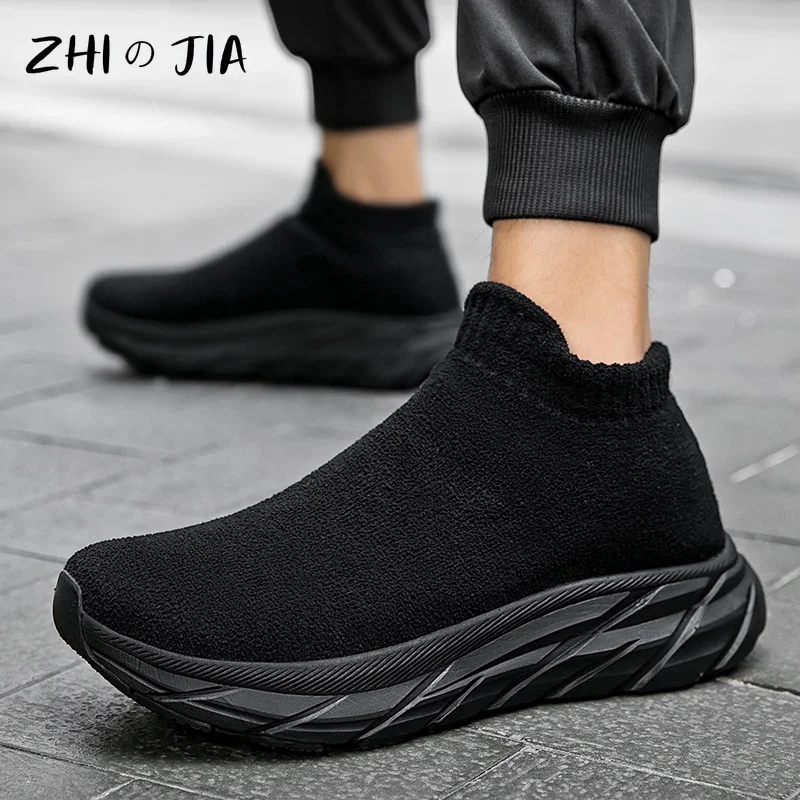 Winter New Plush Sneaker Couple Outdoor Leisure Lightweight Comfortable Walking Shoes Knitted Fabric Thick Sole Warm Footwear